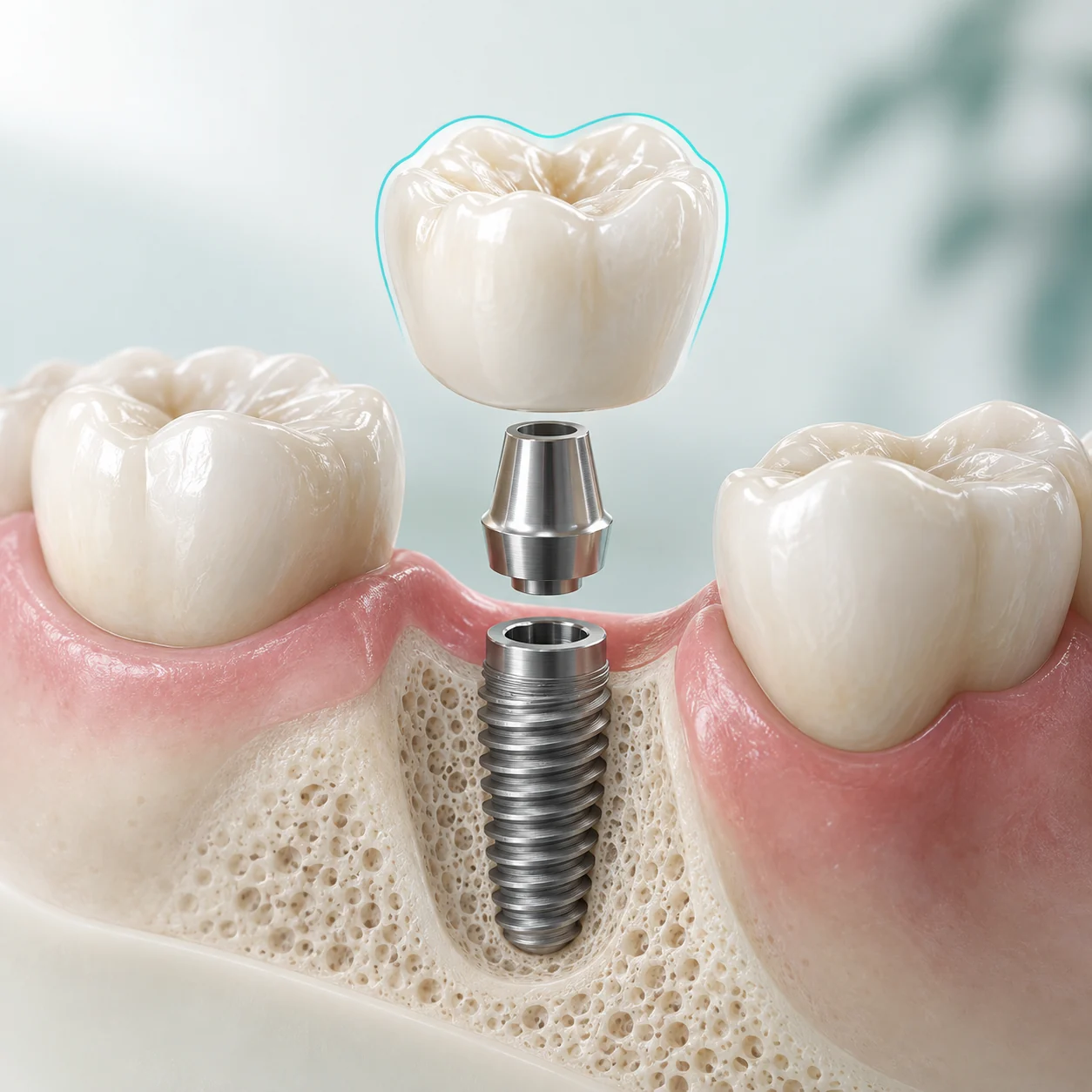 Planlanan diş kronu, abutment ve çene kemiği içindeki implantın ilişkisini gösteren üç boyutlu illüstrasyon